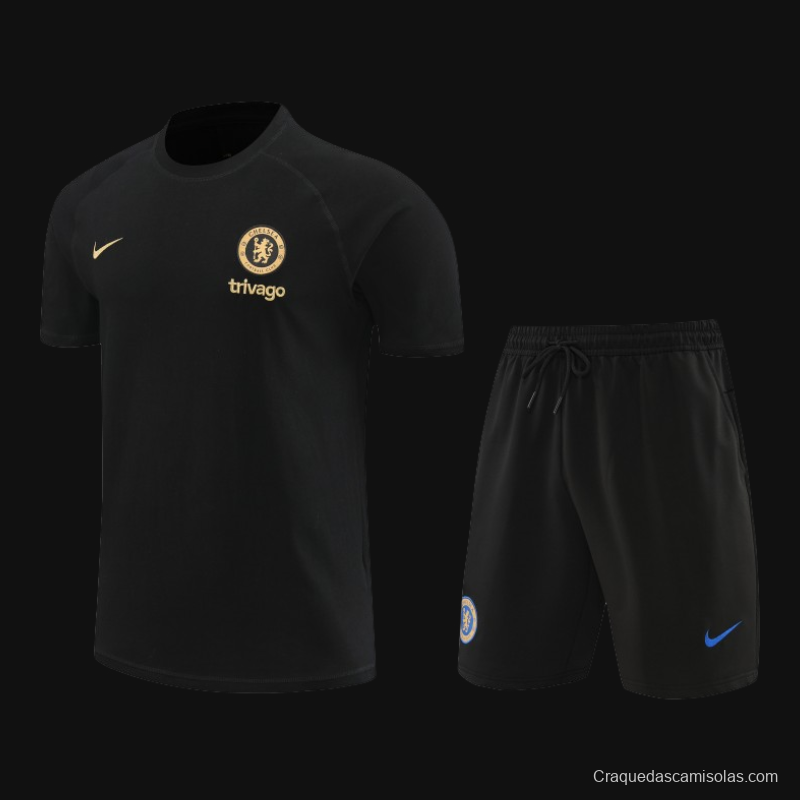 23/24 Chelsea Black Cotton Short Sleeve Jersey+Shorts